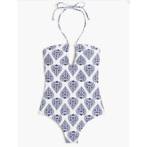 J CREW One-Piece Blue Floral Block Printed Halter Cutout Swimsuit Small
